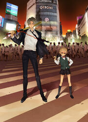  2boys artistic_error bakemono_no_ko belt black_bow black_footwear black_jacket black_legwear black_necktie black_pants blonde_hair blue_eyes bow bowtie brown_hair building carrying_over_shoulder city collared_shirt commentary_request contemporary crosswalk crowd formal glasses hakata_toushirou hand_on_own_hip height_difference heshikiri_hasebe highres holding holding_sword holding_weapon jacket katana kneehighs legs_apart loafers long_sleeves looking_at_viewer male_focus multiple_boys necktie open_clothes open_jacket outdoors over_shoulder pants parody petite purple_eyes real_world_location red-framed_eyewear red_bow red_bowtie road ruetteru scabbard sheath sheathed shibuya_(tokyo) shirt shoes short_sword shorts smile socks suit sword sword_over_shoulder tantou tokyo_(city) touken_ranbu traditional_bowtie vest weapon weapon_over_shoulder white_shirt wind 