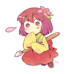  chibi commentary_request female flower hair_flower hair_ornament hieda_no_akyuu lowres nightea photoshop_(medium) purple_hair short_hair simple_background solo touhou white_background 