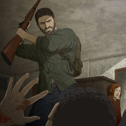  2boy 2boys backpack bag blood brown_hair building ellie_(the_last_of_us) female from_behind from_below gb_(doubleleaf) green_eyes gun hand_on_hip highres indoors joel_(the_last_of_us) multiple_boys naughty_dog open_mouth short_hair standing the_last_of_us weapon 