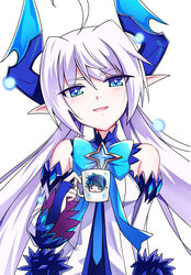  +_+ ahoge bare_shoulders blue_bow blue_bowtie blue_eyes blue_horns bow bowtie bridal_gauntlets ciel_(elsword) commentary_request cup detached_sleeves elsword eyes_visible_through_hair female hair_between_eyes highres holding holding_cup horns long_hair long_sleeves looking_at_viewer luciela_r._sourcream mug noblesse_(elsword) open_mouth pointy_ears simple_background smile twintails upper_body white_background zetsuei_(zetto) 