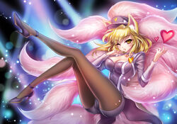  ;d ahri_(league_of_legends) alternate_color alternate_costume alternate_hair_color animal_ears black_pantyhose blonde_hair bow breasts cameltoe choker cleavage commentary_request cosplay female fox_ears fox_tail from_side full_body girls&#039;_generation glowing hand_on_own_chin happy hat hat_bow heart high_heels jacket knee_up large_breasts league_of_legends leg_up legs lens_flare light_particles lights long_hair looking_at_viewer multiple_tails one_eye_closed open_clothes open_jacket open_mouth pantyhose pantyhose_under_shorts peaked_cap photoshop_(medium) popstar_ahri s-yin shoes short_shorts shorts sitting smile solo stiletto_heels tail yellow_eyes zipper 