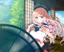  aqua_eyes blonde_hair blurry commentary_request comrade_stalin depth_of_field female hand_fan hat highres kriegsmarine long_hair md5_mismatch original resolution_mismatch school_uniform serafuku solo source_smaller 