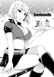  absurdres ammunition ammunition_belt bandolier boots breasts bullet cleavage collarbone crop_top crossed_legs dog_tags english_text eyelashes female fingernails food greyscale highres holding holding_plate knee_boots large_breasts long_fingernails looking_at_viewer midriff miniskirt monochrome navel non-web_source original parted_lips photoshop_(medium) plate short_sleeves sitting sitting_on_table skin_tight skirt smile solo sugaishi 