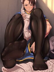  boots brown_eyes brown_hair bun_cover chun-li feet female maku_(l-u) pantyhose pov pov_feet shoes_removed soles street_fighter sweat toes 