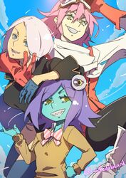  3girls alien angel_(kof) aqua_skin bad_id bad_pixiv_id bow crossover eyeball flcl gloves goggles goggles_on_head grin haruhara_haruko ian_olympia midori_(uchuu_patrol_luluco) multiple_girls pink_hair purple_hair scarf school_uniform sharp_teeth shintani_mayumi smile teeth the_king_of_fighters uchuu_patrol_luluco v voice_actor_connection white_hair yellow_eyes 