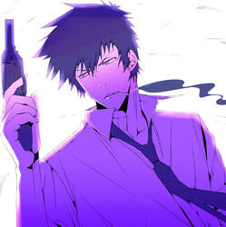  1boy absurdres black_hair cigarette commentary_request gun highres kougami_shin&#039;ya machida-machiko male_focus monochrome necktie psycho-pass revolver ruger_sp101 solo weapon 