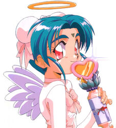  angel angel_wings aqua_hair choker double_bun facial_mark female forehead_mark hair_bun halo holding holding_wand kajishima_masaki long_sleeves looking_at_viewer lowres magical_girl mahou_shoujo_pretty_sammy official_art photoshop_(medium) pink_eyes pretty_sammy_(character) simple_background smile solo upper_body wand white_background wings 