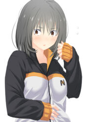  arm_up bad_id bad_pixiv_id blush brown_eyes eyebrows eyes_visible_through_hair female flying_sweatdrops genderswap_(mtf) grey_hair hair_between_eyes hand_on_own_stomach inui_sanagi jacket long_sleeves looking_to_the_side natsuki_subaru open_mouth photoshop_(medium) re:zero_kara_hajimeru_isekai_seikatsu rule_63 shirt short_hair simple_background solo sweatdrop track_jacket undershirt upper_body white_background wide-eyed zipper 