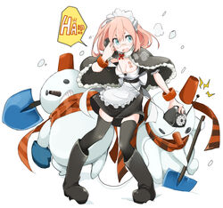  antique_phone blue_eyes boots bracelet breasts capelet cleavage commentary_request female full_body glasses gloves hat highres jewelry maid maid_headdress medium_breasts original phone photoshop_(medium) pigeon-toed pink_hair rotary_phone shovel snowman solo speech_bubble takagi_(tansuke) tansuke thighhighs white_background 