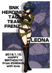  absurdres bikini black_bikini black_choker black_gloves blue_eyes blue_hair boots breasts chaps choker cleavage commentary_request crop_top cropped_jacket female gloves happy_birthday highleg highleg_bikini highres holster ichigai_(hayawossan) knee_boots large_breasts leona_(sennen_sensou_aigis) leona_heidern long_sleeves muscular navel ponytail ponytail_holder revealing_clothes snk solo swimsuit the_king_of_fighters thigh_strap title zoom_layer 