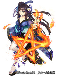  bare_shoulders black_hair blue_eyes breasts burning cleavage commentary_request female fire floral_print flower full_body hair_bun hair_flower hair_ornament heroic_songs! holding japanese_clothes kimono leg_ribbon long_hair looking_at_viewer obi official_art ofuda onmyouji outstretched_arm pentagram ribbon sandals sash single_hair_bun sirokurodai solo standing standing_on_one_leg star_(symbol) tassel thighhighs white_background white_thighhighs wide_sleeves 