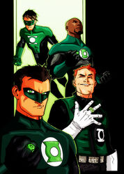  black_hair bodysuit dark_skin dc_comics flying gloves gradient gradient_background green_eyes green_lantern green_lantern_(series) guy_gardner hal_jordan john_stewart kyle_rayner mask multiple_boys ring striped_background wink 