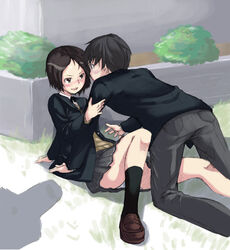  1boy amagami assertive_female bad_id bad_pixiv_id black_hair black_socks blazer blood blush brown_eyes brown_hair building bush female grass jacket kibito_high_school_uniform kurosawa_noriko nosebleed open_mouth panties photoshop_(medium) pleated_skirt school_uniform shadow shoes short_hair sitting skirt socks straight tachibana_jun&#039;ichi underwear white_panties wiori_(mashiro_miracle) 