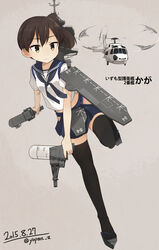  aircraft alternate_costume bad_id bad_nicoseiga_id banned_artist black_legwear blue_skirt brown_eyes brown_hair character_name dated dual_wielding flight_deck hakama_skirt helicopter highres holding japan_maritime_self-defense_force japan_self-defense_force kaga_(jmsdf) kaga_(kantai_collection) kantai_collection leg_up machinery military neckerchief phalanx_ciws pleated_skirt sailor_collar school_uniform serafuku sh-60_seahawk side_ponytail skirt solo thighhighs twitter_username yopan_danshaku 