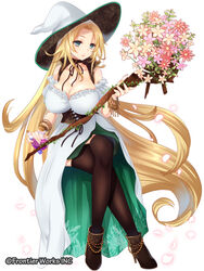  bare_shoulders blonde_hair blue_eyes bouquet breasts brown_footwear brown_thighhighs cleavage commentary_request crossed_legs dress female flower full_body hat heroic_songs! high_heels holding holding_staff invisible_chair large_breasts long_hair looking_to_the_side official_art sirokurodai sitting solo staff thighhighs very_long_hair watermark white_dress white_hat witch witch_hat 