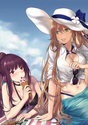  2girls 3: :d bikini black_bikini blonde_hair blue_bikini blush breasts brown_hair chinese_commentary cleavage collared_shirt commentary core_(girls&#039;_frontline) day eating food girls&#039;_frontline green_eyes hair_between_eyes halterneck hat highres holding holding_food ice_cream large_breasts leon_v long_hair looking_at_another lying midriff multiple_girls navel o-ring o-ring_top official_alternate_costume official_style on_stomach open_mouth outdoors ponytail purple_hair red_eyes sarong shirt sidelocks sleeves_rolled_up smile springfield_(girls&#039;_frontline) springfield_(stirring_mermaid)_(girls&#039;_frontline) sun_hat swimsuit t-doll_contract tablet_pc tied_shirt wa2000_(girls&#039;_frontline) wa2000_(op._manta_ray)_(girls&#039;_frontline) white_shirt 