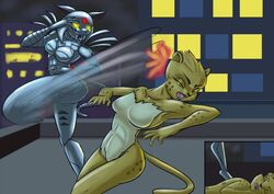  2016 anthro armor black_nose breasts brown_body brown_fur cheetah cheetah_(dc) city claws closed_eyes clothed clothing cyber_cat dc_comics duo dyriuck_kaos featureless_breasts felid feline female fight fur kick mammal nude outside spots violence white_body white_fur 