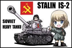  2girls black_hair blonde_hair blue_eyes chibi commentary_request emblem english_text engrish_text girls_und_panzer graphite_(medium) is-2 katyusha_(girls_und_panzer) long_hair military military_vehicle motor_vehicle multiple_girls nib_pen_(medium) nonna_(girls_und_panzer) pravda_(emblem) pravda_military_uniform ranguage shizumi_tsurugi smile tank traditional_media white_background 