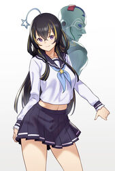  ahoge bans black_hair black_skirt blonde_hair closed_mouth collarbone commentary_request cowboy_shot female hair_between_eyes hair_rings highres houtengeki long_hair long_sleeves looking_at_viewer multicolored_hair navel neckerchief pleated_skirt purple_eyes school_uniform serafuku shirohoshi_jouyuu simple_background skirt smile stand_(jojo) standing star_(symbol) streaked_hair vic_(shirohoshi_jouyuu) virtual_youtuber white_background 