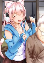  2girls animal_ears bare_shoulders blush breasts bridal_gauntlets cat_ears cat_tail cleavage closed_eyes commentary_request detached_sleeves elbow_gloves fingerless_gloves ganari_ryuu glasses gloves grey_hair headphones headset large_breasts long_hair massage multiple_girls old old_woman open_mouth original pink_hair shoulder_massage smile super_tama_musume tail tamatoys 