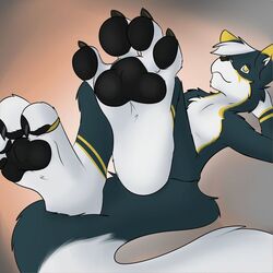  1:1 2016 4_toes anthro biped black_nose black_pawpads canid canine canis claws digital_media_(artwork) feet foot_focus fur hair inner_ear_fluff lying male mammal multicolored_body multicolored_fur nude on_back pawpads paws plantigrade simple_background skyler-the-fox smile solo sylen toe_claws toes tuft white_body white_fur white_hair wolf yellow_body yellow_eyes yellow_fur 