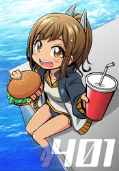  bacon blush brown_eyes brown_hair burger cheese commentary_request cup drink drinking_straw emu_(toran) female food headgear highres i-401_(kancolle) jacket kantai_collection lettuce looking_at_viewer one-piece_swimsuit open_mouth partially_submerged ponytail sailor_collar school_swimsuit school_uniform short_hair short_ponytail sitting smile solo swimsuit swimsuit_under_clothes tan water 