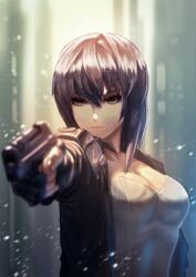  breasts cleavage commentary_request ctiahao female fingerless_gloves ghost_in_the_shell ghost_in_the_shell_stand_alone_complex gloves gun highres holding holding_gun holding_weapon jacket kusanagi_motoko pointing_gun pointing_weapon purple_hair rain red_eyes solo weapon 