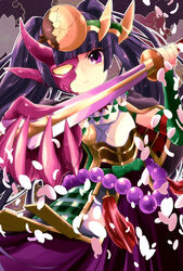  androgynous armor black_hair commentary_request gender_request headdress highres katana long_hair looking_at_viewer mask mouth_mask pikomarie purple_eyes puzzle_&amp;_dragons skirt solo sword twintails very_long_hair weapon yomi_(p&amp;d) 