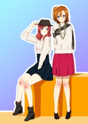  2girls alternate_hair_length alternate_hairstyle arm_around_shoulder bag blush closed_eyes coffee inuzuka_bouru jacket kousaka_honoka long_hair love_live!_school_idol_project multiple_girls nishikino_maki purple_eyes red_hair scarf school_uniform skirt smile tagme yuri 