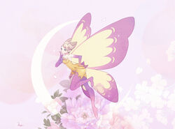  blonde_hair blue_eyes cherry_blossom_print commentary_request cone_hair_bun crescent_moon double_bun fairy fairy_wings female final_fantasy final_fantasy_xiv finger_to_mouth floral_background floral_print flower hair_bun lovecom moon peony_(flower) peony_print selene_(ff14) shushing solo thighhighs wings 