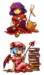  2girls blue_hair book commentary_request hat laevatein_(touhou) multiple_girls nightea one_eye_closed photoshop_(medium) pyonta remilia_scarlet short_hair simple_background sitting smile touhou white_background wings yasaka_kanako 