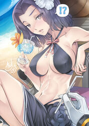  !? 1boy 2017 abs admiral_(kancolle) armpits artist_name asdj beach bikini blush breasts brown_eyes collarbone commentary covered_nipples criss-cross_halter day drinking_straw eyes_visible_through_hair female flower glass gloves hair_flower hair_intakes hair_ornament halterneck highres ice kantai_collection large_breasts lips looking_at_viewer navel ocean official_alternate_costume open_mouth outdoors photoshop_(medium) purple_bikini purple_hair sand sarong short_hair sitting speech_bubble spoken_interrobang swimsuit tatsuta_(kancolle) tatsuta_(swimsuit_mode)_(kancolle) tropical_drink white_gloves 