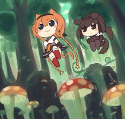  2girls :3 animal_ears black_bodysuit black_eyes black_sailor_collar black_skirt bodysuit braid brown_hair chibi commentary dog_ears dog_tail fly_agaric hair_flaps hair_ornament hatsuzuki_(kancolle) headband highres jumping kantai_collection kemonomimi_mode long_hair miniskirt multiple_girls mushroom neckerchief orange_hair pantyhose propeller_hair_ornament red_legwear sailor_collar school_uniform serafuku short_hair simoyuki skirt sonic_&amp;_knuckles sonic_(series) sonic_the_hedgehog_(classic) tail teruzuki_(kancolle) thighhighs twin_braids yellow_neckerchief 