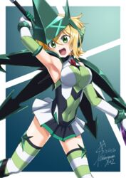  akatsuki_kirika arm_up armpits artist_name blonde_hair blush breasts commentary_request covered_navel dated dorumam elbow_gloves female gloves green_eyes green_leotard holding holding_weapon leotard looking_at_viewer medium_breasts open_mouth round_teeth scythe senki_zesshou_symphogear short_hair skin_tight skirt smile solo standing striped_clothes striped_thighhighs teeth thighhighs weapon 