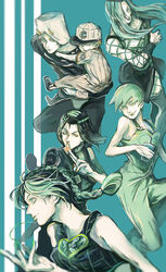  armband bad_id bad_pixiv_id baseball_cap baseball_uniform black_hair braid carrying double_bun dreadlocks drink drinking_straw emporio_alnino ermes_costello everyone foo_fighters_(jojo) green_eyes green_hair green_lips green_nails hair_bun hat heart holding horned_hat horns jojo_no_kimyou_na_bouken kissing kujo_jolyne lipstick long_hair makeup mizudama multicolored_hair nail_polish narciso_anasui one_eye_closed orange_nails overalls photoshop_(medium) short_hair single_braid sportswear sticker stone_ocean two-tone_hair weather_report 