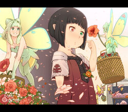  6+girls arm_behind_back artist_name basket black_hair commentary_request cone_hair_bun double_bun eos_(ff14) fairy final_fantasy final_fantasy_xiv flower green_eyes green_hair hair_bun heterochromia honmani_hiyoko lalafell letterboxed long_hair mini_person minigirl multiple_girls petals pointing pointing_at_self pointy_ears red_eyes selene_(ff14) short_hair single_hair_bun smile thighhighs warrior_of_light_(ff14) 