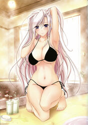  absurdres arm_up armpits barefoot bath bikini black_bikini blue_eyes blush breasts charlotte_hazellink cleavage collarbone eyes_visible_through_hair female hair_over_one_eye halterneck highres indoors knees_together_feet_apart komori_kei large_breasts light_purple_hair long_hair looking_at_viewer navel on_one_knee princess_lover scan shiny_skin side-tie_bikini_bottom soap solo steam stomach swimsuit toes underboob very_long_hair water 