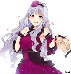  :d absurdres bare_shoulders blush commentary_request detached_sleeves dress female gloves grey_hair hairband highres holding_hands idolmaster idolmaster_(classic) idolmaster_million_live! long_hair looking_at_viewer open_mouth out_of_frame petals pov pov_hands purple_eyes shijou_takane simple_background smile solo_focus tears tuxedo_de_cat white_background 