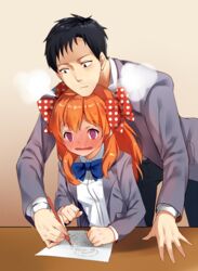  1boy @_@ bad_id bad_pixiv_id black_hair blush bow drawing female full-face_blush gekkan_shoujo_nozaki-kun hairbow holding holding_pen long_hair long_sleeves nozaki_umetarou open_mouth orange_hair paper pen polka_dot polka_dot_bow purple_eyes rouman_academy_school_uniform sakura_chiyo school_uniform short_hair shovelwell steam 