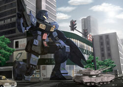  assault_rifle building bullpup car city cloud commentary_request day earth_federation gm_quel gun gundam gundam_0083 machine_gun mecha military military_vehicle motor_vehicle no_humans photoshop_(medium) realistic rifle road robot science_fiction shield srwsrx_(gp03dsrx) street tank traffic tree type_61_(gundam) weapon 