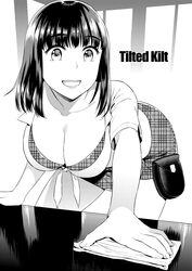  :d absurdres bag bent_over blunt_bangs blush breasts chains cleaning cleavage collarbone crop_top english_text female fingernails greyscale highres large_breasts long_hair looking_at_viewer miniskirt monochrome non-web_source open_mouth original photoshop_(medium) plaid plaid_skirt rag short_sleeves skirt smile solo sugaishi table wiping 