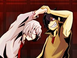  .flow 2boys bad_id bad_pixiv_id battle bleeding blood bob_cut clenched_teeth fighting kaibutsu multiple_boys oct_(sanosuke_szbh) red_eyes sleeveless smile_(.flow) teeth white_hair 