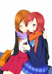  2girls alternate_hair_length alternate_hairstyle arm_around_shoulder bag blush closed_eyes coffee inuzuka_bouru jacket kousaka_honoka long_hair love_live!_school_idol_project multiple_girls nishikino_maki purple_eyes red_hair scarf school_uniform skirt smile tagme yuri 