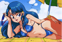  1990s_(style) asymmetrical_bangs beach beach_towel beach_umbrella bikini blue_bikini blue_eyes blue_hair bracelet dark_blue_hair day female genji_tsuushin_agedama glasses hair_ornament hairclip highres jewelry kuki_rei long_hair lying navel on_side open_mouth outdoors photoshop_(medium) retro_artstyle rimless_eyewear solo sunglasses swimsuit towel tsuji_hatsuki umbrella 