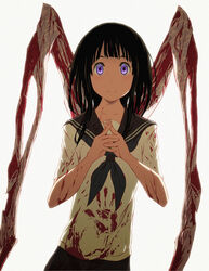  bad_id bad_pixiv_id black_hair blood chitanda_eru commentary crossover dead_space female handprint horror_(theme) hyouka kamiyama_high_school_uniform_(hyouka) looking_at_viewer necromorph own_hands_together purple_eyes school_uniform serafuku simple_background slasher_(dead_space) smile solo undead watashi_kininarimasu white_background yrsknish 