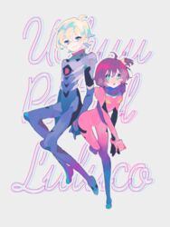  1boy alpha_omega_nova bad_id bad_pixiv_id blonde_hair bodysuit brown_hair copyright_name cosplay female luluco nagisa_kaworu nagisa_kaworu_(cosplay) neon_genesis_evangelion pink_bodysuit plugsuit rebuild_of_evangelion ronoh_(jill) short_hair souryuu_asuka_langley souryuu_asuka_langley_(cosplay) uchuu_patrol_luluco 