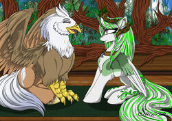  absurd_res avian beak bird carpet collar crown cutie_mark detailed_background duo equid equine european_mythology feathers feet female feral greek_mythology hasbro headgear hi_res highlights_(coloring) hippogriff hooves horn horse mammal my_little_pony mythological_avian mythological_creature mythology piercing plant pony shiarah silver_quill_(character) talons toes tree wings 