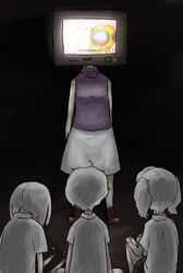  .flow 1boy 3girls bob_cut commentary_request corporis highres kaibutsu multiple_girls oreko sabitsuki school_uniform short_hair short_sleeves sitting sleeveless sleeveless_turtleneck standing television turtleneck twintails white_hair zzz 