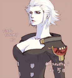  breasts cleavage coat commentary_request female final_fantasy final_fantasy_xiv hair_slicked_back large_breasts lipstick makeup merlwyb_bloefhiswyn pale_skin roegadyn short_hair solo suzumaru_(abyss_iris) white_hair 