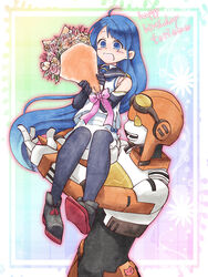  1boy autobot black_thighhighs blue_eyes blue_hair bouquet commentary_request crossover dress elbow_gloves female flower gloves glowing gradient_hair hodo_(fujitaka) insignia jetfire kantai_collection long_hair machinery multicolored_hair neckerchief open_mouth robot sailor_collar samidare_(kancolle) school_uniform serafuku shirt sleeveless sleeveless_shirt smile swept_bangs thighhighs transformers transformers_animated uniform very_long_hair zettai_ryouiki 